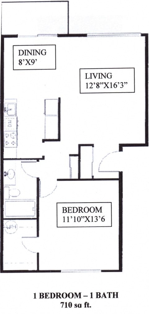 Floor plan for 1 bed, 1 bath, 710 sqft